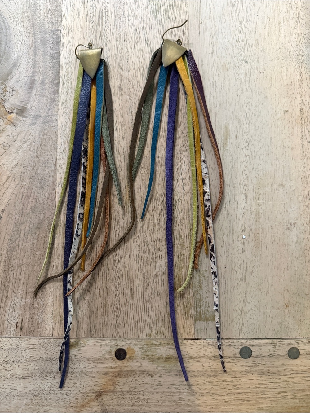 Multi-Strip Fringe Leather Drop Earrings in Blue, Purple & Green. Brass